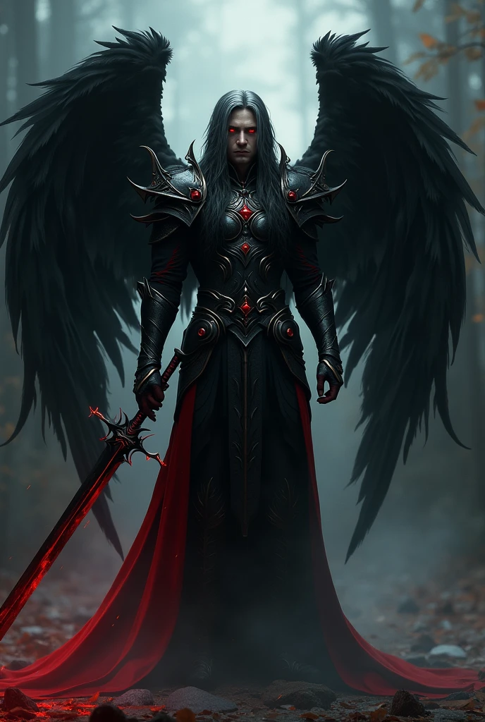 azazel: Fallen angel with human appearance, gender man, intense red eyes, long black hair with a touch of silver, black wings with soft feathers, Dark armor with red details and black sword with blood red edge.