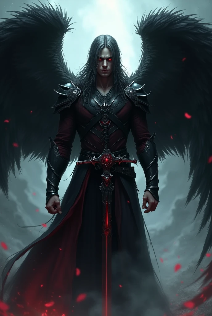 azazel: Fallen angel with human appearance, gender man, intense red eyes, long black hair with a touch of silver, black wings with soft feathers, Dark armor with red details and black sword with blood red edge.