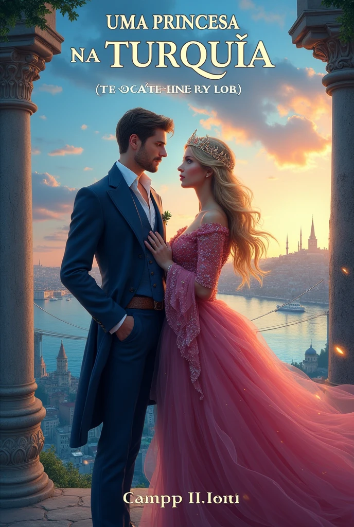 Create the cover for my book A Princess in Türkiye for me, the story takes place in the year 2024, and the princess comes from another world where kingdoms are named after precious stones, the book has a touch of the movie Enchanted. The male protagonist is a very rich and modern man., the princess comes from a world in the year 1830. Put the name of the book and my name as the Author,the character has blond features and blue eyes , makes a division between the kingdom of Sardonyx and Istanbul in 2024, Put the title in Portuguese, and make the image realistic 