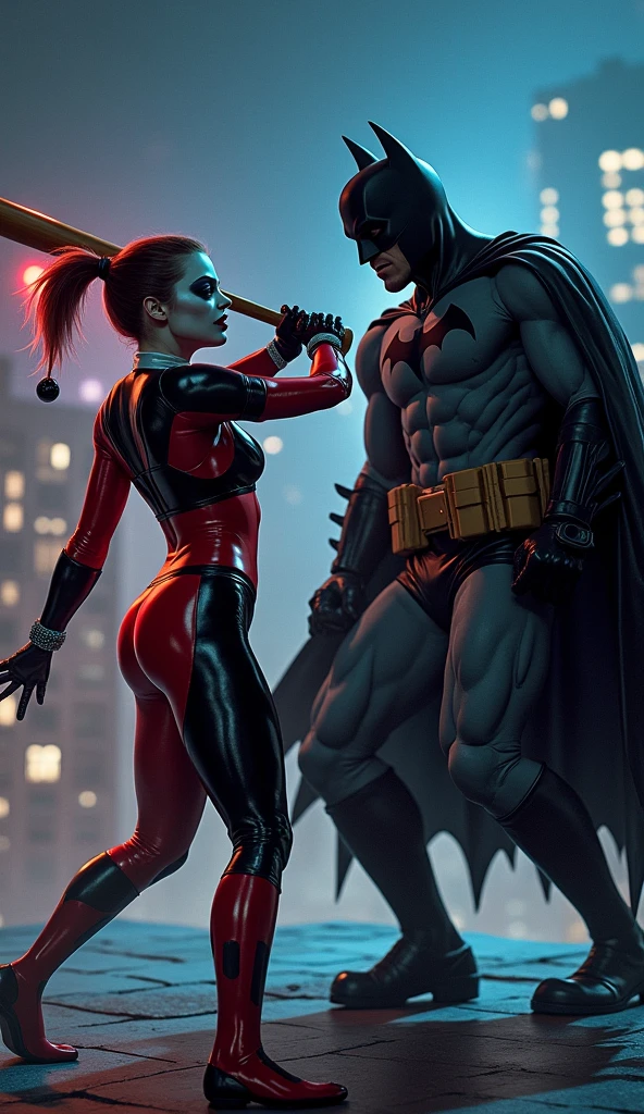 Harley Quinn fighting Batman, harley quinn, classic red and black batman suit, skintight suit, blush, tone body, athletic body, wide hips, rooftop, roof, white face, blue eyes, red lips, black harliquin mask, baseball bat, night time, red and blue lights shine on her, gotham at night background , she is fighting Batman, she is swining her bat. Batman 1989 keaton cotume