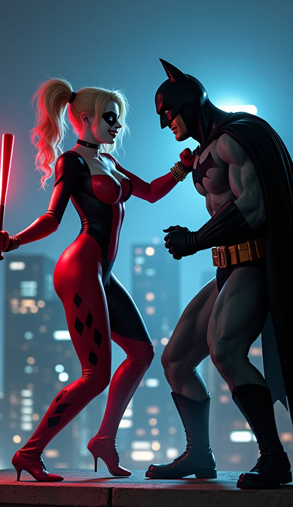 Harley Quinn fighting Batman, harley quinn, classic red and black batman suit, skintight suit, blush, tone body, athletic body, wide hips, rooftop, roof, white face, blue eyes, red lips, black harliquin mask, baseball bat, night time, red and blue lights shine on her, gotham at night background , she is fighting Batman, she is swining her bat. Batman ???? keaton cotume