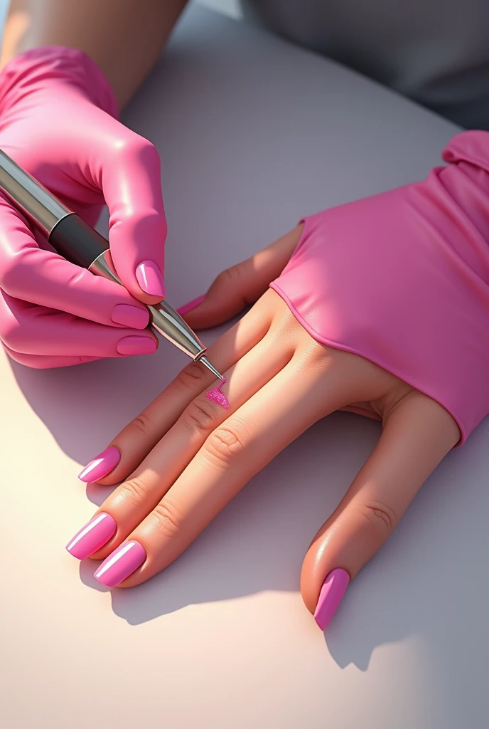 2D image of a hand with the nail of one of its fingers being painted, In the image I only want to show the hand that is being made up and the hand that is doing the make up, which will be wearing pink gloves., only two hands appear