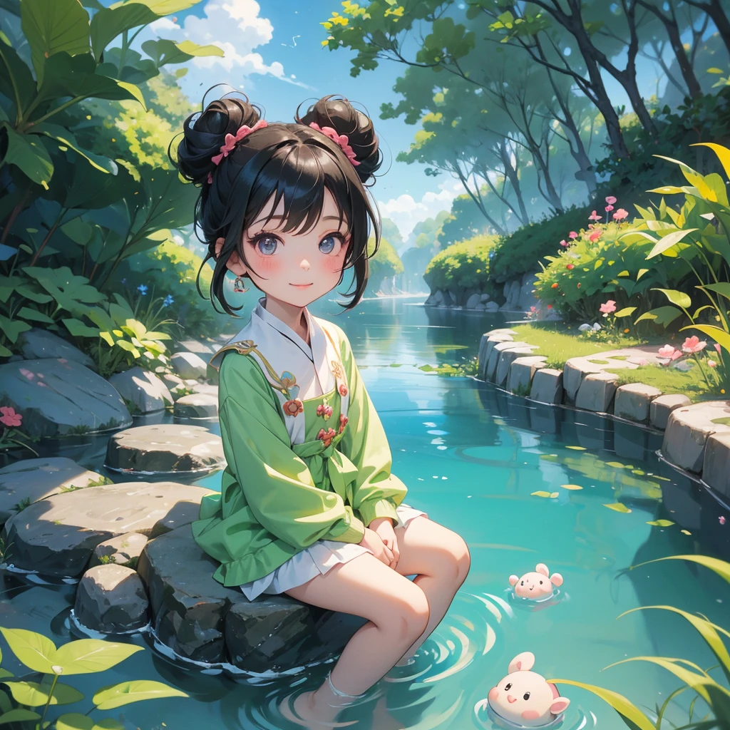 A chibi child girl had a small face and wearing a little tourist priest’s outfit, a pair of big round eyes shone with curiosity about him. This child was so cute, her hair is black with buns on her hair. Small chibi , chibi baby, smiling , chibi.
Sitting fishing next to a green stream, a blue river full of fish. flowing slowly