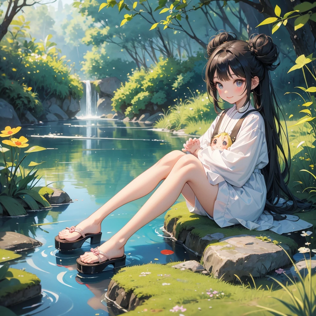 A chibi child girl had a small face and wearing a little tourist priest’s outfit, a pair of big round eyes shone with curiosity about him. This child was so cute, her hair is black with buns on her hair. Small chibi , chibi baby, smiling , chibi.
Sitting fishing next to a green stream, a blue river full of fish. flowing slowly