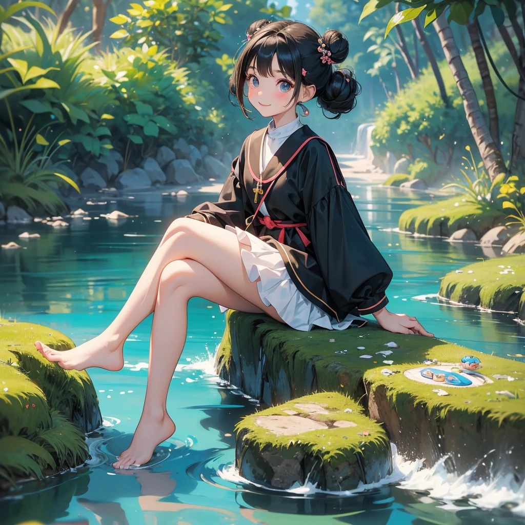 A chibi child girl had a small face and wearing a little tourist priest’s outfit, a pair of big round eyes shone with curiosity about him. This child was so cute, her hair is black with buns on her hair. Small chibi , chibi baby, smiling , chibi.
Sitting fishing next to a green stream, a blue river full of fish. flowing slowly