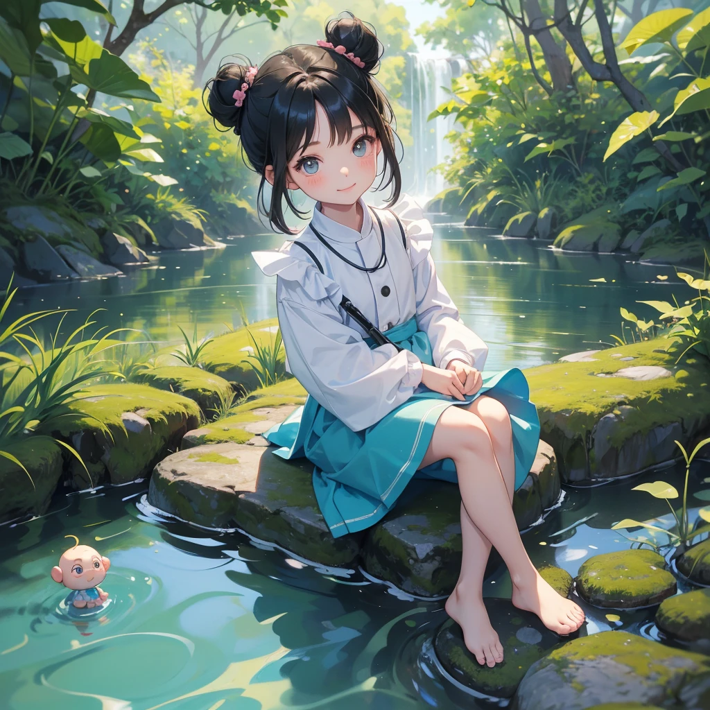 A chibi child girl had a small face and wearing a little tourist priest’s outfit, a pair of big round eyes shone with curiosity about him. This child was so cute, her hair is black with buns on her hair. Small chibi , chibi baby, smiling , chibi. 

Sitting fishing next to a green stream, a blue river full of fish. flowing slowly