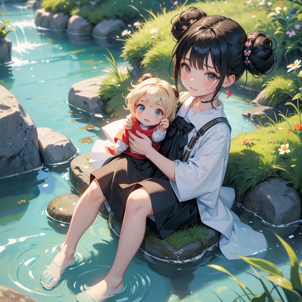 A chibi child girl had a small face and wearing a little tourist priest’s outfit, a pair of big round eyes shone with curiosity about him. This child was so cute, her hair is black with buns on her hair. Small chibi , chibi baby, smiling , chibi.
Sitting fishing next to a green stream, a blue river full of fish. flowing slowly