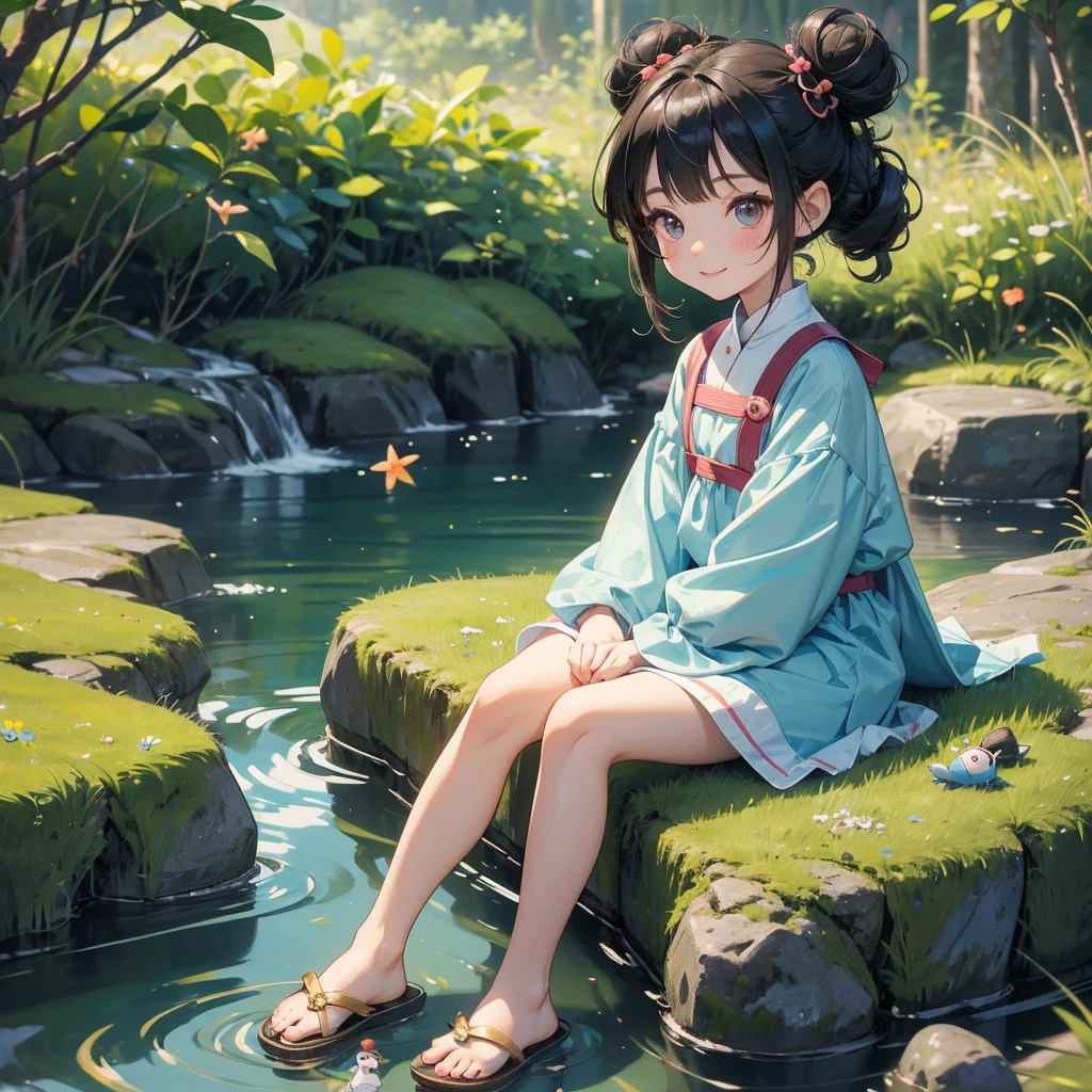 A chibi  girl had a small face and wearing a little tourist priest’s outfit, a pair of big round eyes shone with curiosity about him. This childso cute, her hair is black with buns on her hair. Small chibi , chibi baby, smil, chibi. 

Sitting fishing next to a green stream, a blue river full of fish. flowing slowly