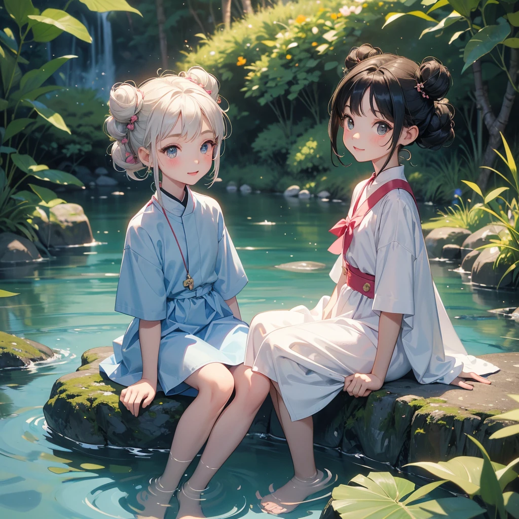 A chibi child girl had a small face and wearing a little tourist priest’s outfit, a pair of big round eyes shone with curiosity about him. This child was so cute, her hair is black with buns on her hair. Small chibi , chibi baby, smiling , chibi.
Sitting fishing next to a green stream, a blue river full of fish. flowing slowly
