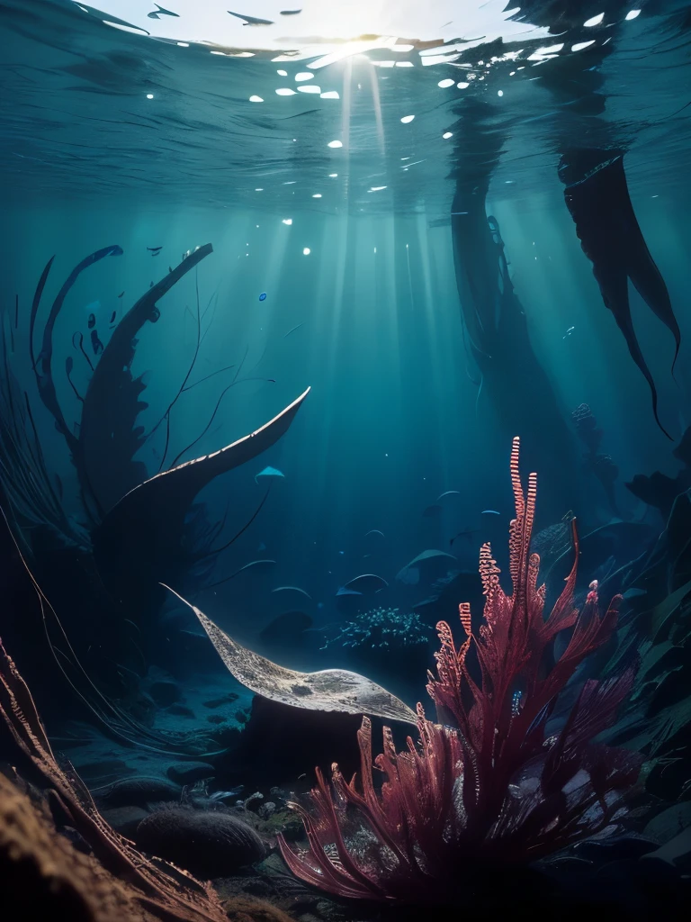 sunlight shining through the seaweed in a large aquarium, a photo by Carl Rahl, flickr, conceptual art, kelp forest, kelp and moss all over, tall kelp, kelp, sea kelp, deep colours. ”, seaweed and bubles, floating kelp, great light and shadows”, underwater perspective, sea weed, overwhelming depth and detail, seaweed