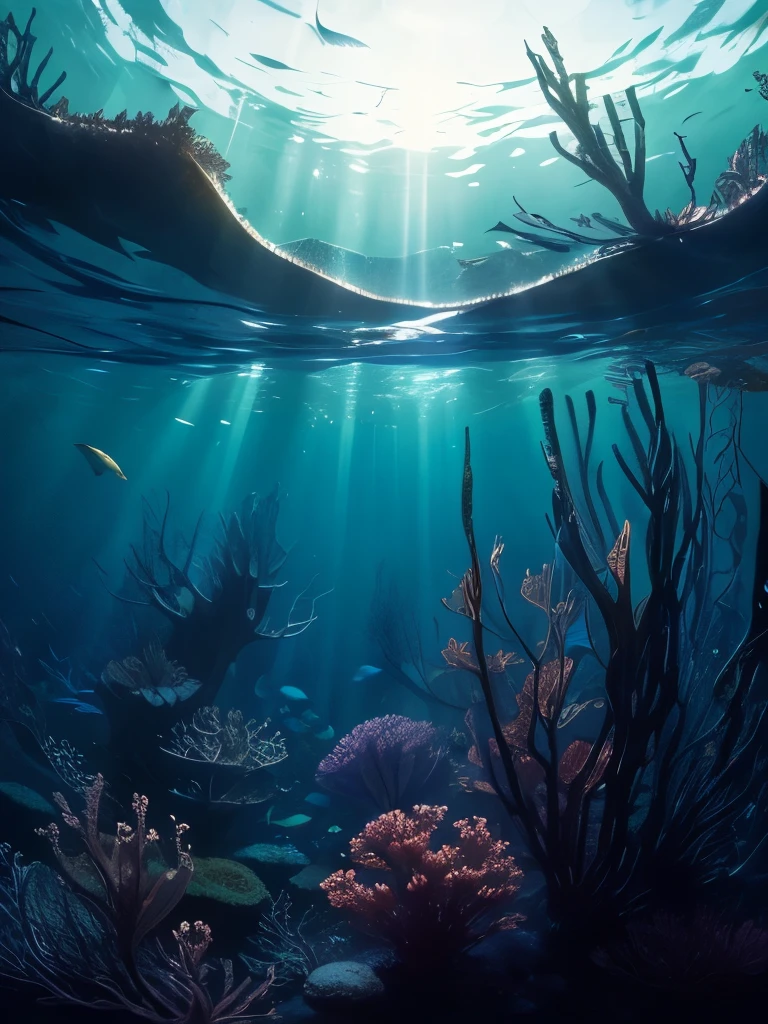 sunlight shining through the seaweed in a large aquarium, a photo by Carl Rahl, flickr, conceptual art, kelp forest, kelp and moss all over, tall kelp, kelp, sea kelp, deep colours. ”, seaweed and bubles, floating kelp, great light and shadows”, underwater perspective, sea weed, overwhelming depth and detail, seaweed