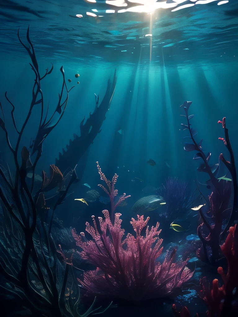 sunlight shining through the seaweed in a large aquarium, a photo by Carl Rahl, flickr, conceptual art, kelp forest, kelp and moss all over, tall kelp, kelp, sea kelp, deep colours. ”, seaweed and bubles, floating kelp, great light and shadows”, underwater perspective, sea weed, overwhelming depth and detail, seaweed