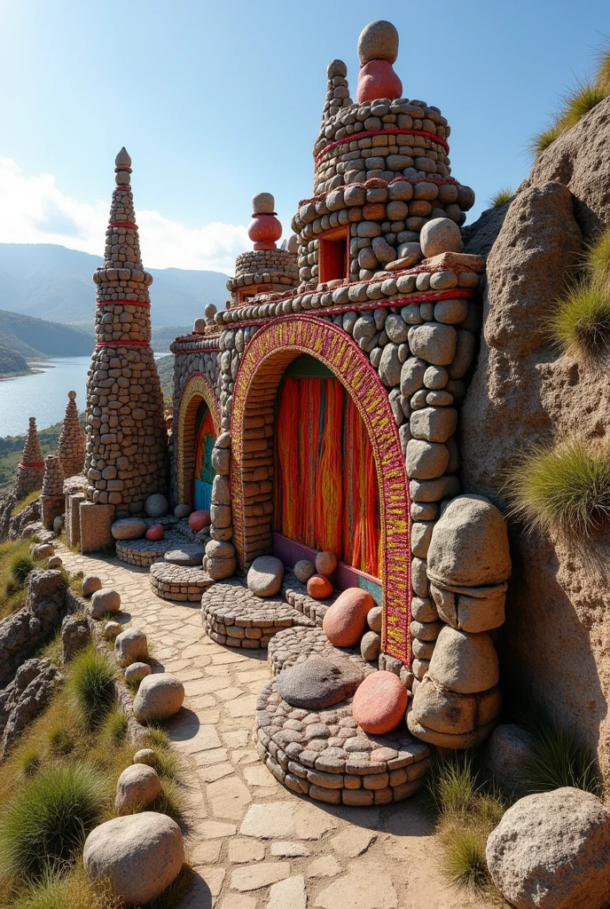 Design an image with a concept about Land art works made with natural materials from the Taquile area in Puno ,that this is located in Puerto Huayllano