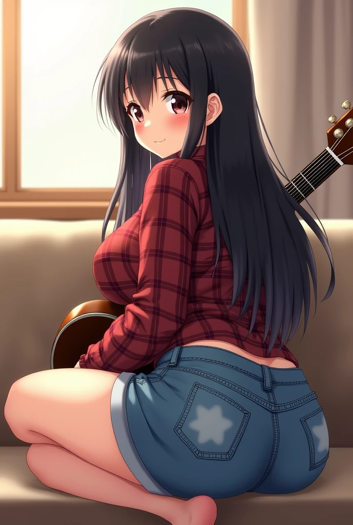 anime, 
Young girl with big breasts and ass black hair, long loose. In short jeans, plaid blouse, sitting on the couch playing the guitar
