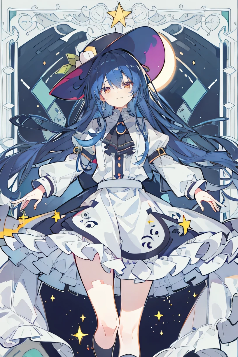 oung Girls,Humanity,A magician always smiles,big witch hat,cute,dark blue long hair,The eyes are dull,The bangs are heavy,Thin eyebrows,fantasy,intake,Double teeth,Star Theme,Constellation pattern,Solid color clothetal decoration,cloak,A bit of a dark atmosphere,A little crazy smile,When the big moon shines outside at night,blood,Hair black star embellishment,Short tie,No nails,High waist skirt,Bell sleeves,Long-sleeved shirt,Black tie,low risk,gentlemen。Mist、Yellow and white effect,Shocking pink as an accent color