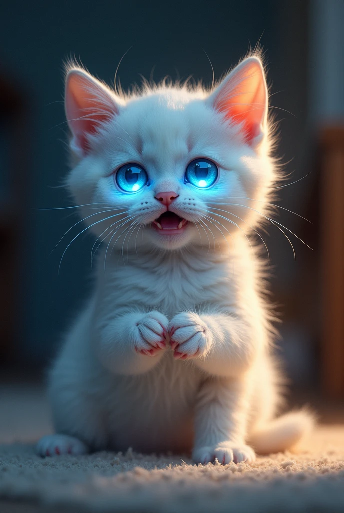 The kitten lets out a surprised meow, pulling its paw back. It sits down, licking the spot where it was bitten, but something strange begins to happen. The kitten’s blue eyes glow with a new intensity, and it starts to feel different—stronger, more agile.
