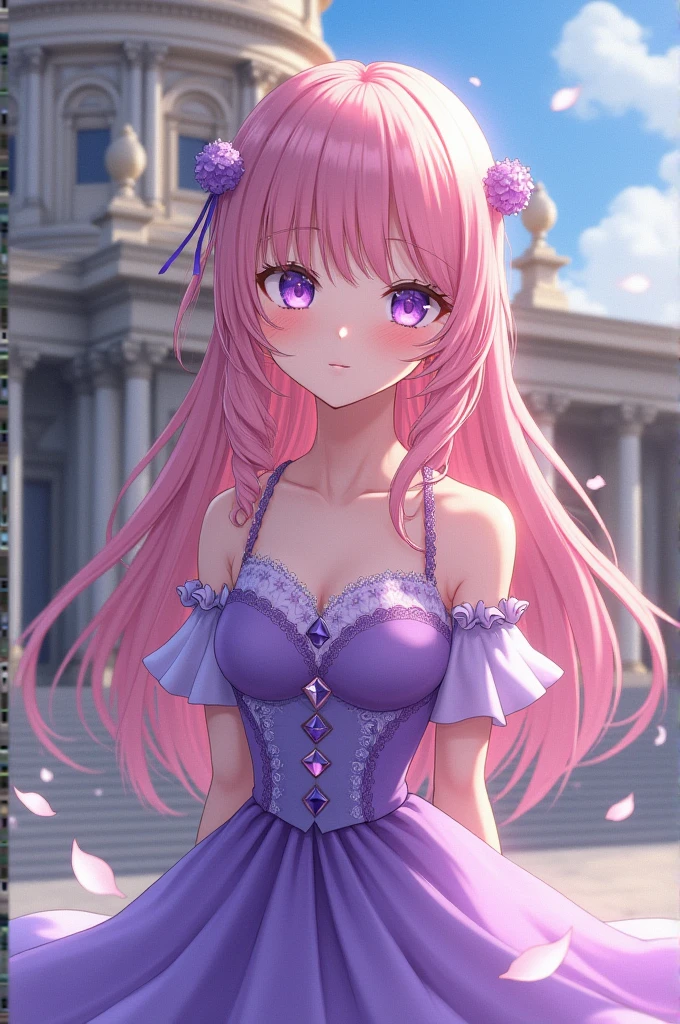 Anime girl with purple dress pink hair standing infront of building