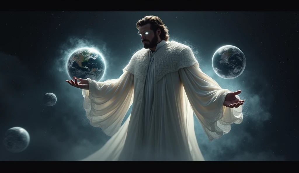 A cinematic medium shot of Henry Cavill with medium hair and beard as Pre-retcon Beyonder in the MCU. He is floating in black space with some stars far away and is facing towards to us while we can only see his side face where he gives a villainous laugh with a villainous facial expression. He has a non-muscular build and for his outfit The Beyonder wears long, flowing robes made of a white material that seems to shimmer and shift like the fabric of space itself. The robes are primarily deep white, with hints of starry constellations scattered across them. The edges of the robes glow faintly with a black or purple energy, as if the fabric is charged with cosmic power and around the Beyonder, several small, glowing orbs float in the air, constantly in motion. These represent the Beyonder’s control over the fundamental forces of the universe and give a sense of their boundless power and the Beyonder's eyes glow with a piercing white light, and their entire form is surrounded by a faint, shimmering aura that pulses with energy. The aura occasionally crackles with energy, hinting at the raw power within.He wears no cape.Make Henry Cavill look more angry and psychotic and realistic.
He is soaring over the earth since he is very large and having two planets in the palm of his hands.