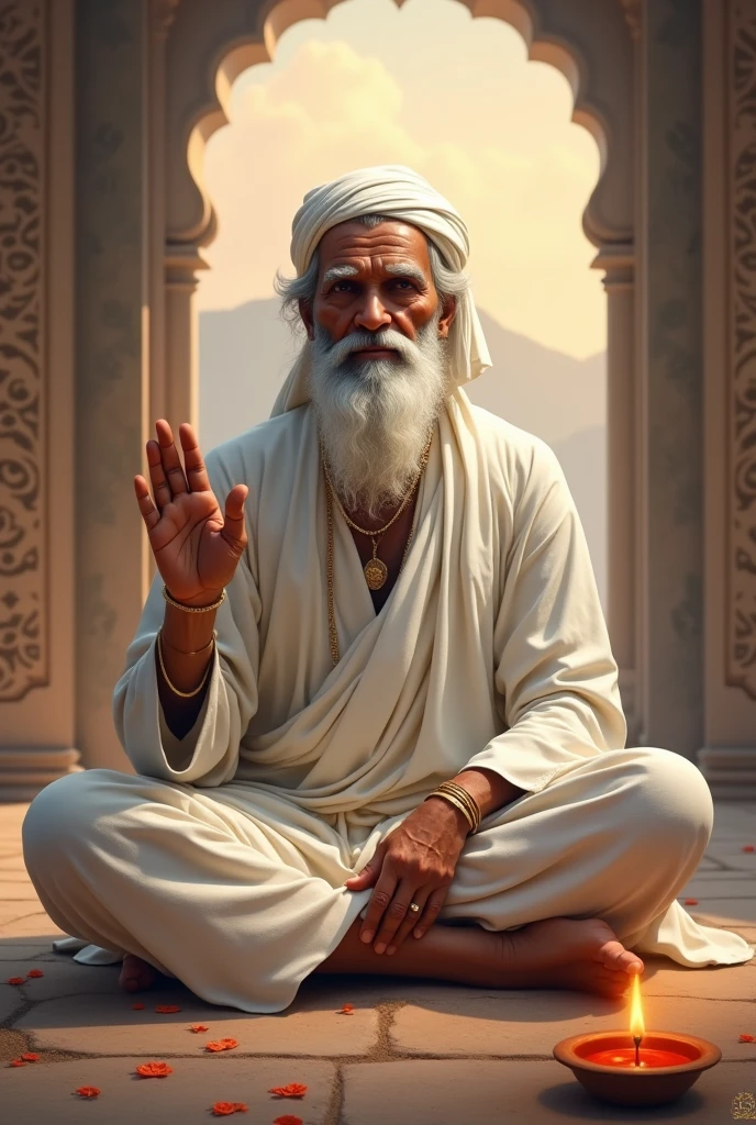 Create an ultra-realistic and highly detailed portrayal of Lord Sai Baba, a revered spiritual figure from Shirdi. He should be depicted seated on a simple stone or wooden platform, cross-legged, in a traditional and peaceful pose. Sai Baba is dressed in a plain white kafni (robe) with a white cloth tied around his head as a bandana, leaving his forehead and gentle facial features clearly visible. His face should reflect wisdom, serenity, and kindness, with deep, compassionate eyes that convey a sense of inner peace and spiritual depth. His beard and mustache are well-groomed, with fine details showing the texture of his hair.His right hand should be raised in the Abhaya Mudra (gesture of blessing and protection), while his left hand rests gently on his knee. Pay close attention to the fine lines and wrinkles on his face and hands, symbolizing his life of spiritual service and wisdom.The background should be subtle but evocative, perhaps featuring the simple architecture of the Shirdi temple or a natural setting like a quiet garden or a distant mountain range, with soft, warm lighting that creates an aura around Sai Baba, highlighting his divine presence. Add subtle elements like incense smoke curling in the background, flowers, or a diya (oil lamp) to enhance the spiritual ambiance. The overall color palette should include earthy tones with soft lighting that accentuates the details of his attire and the serene expression on his face.
