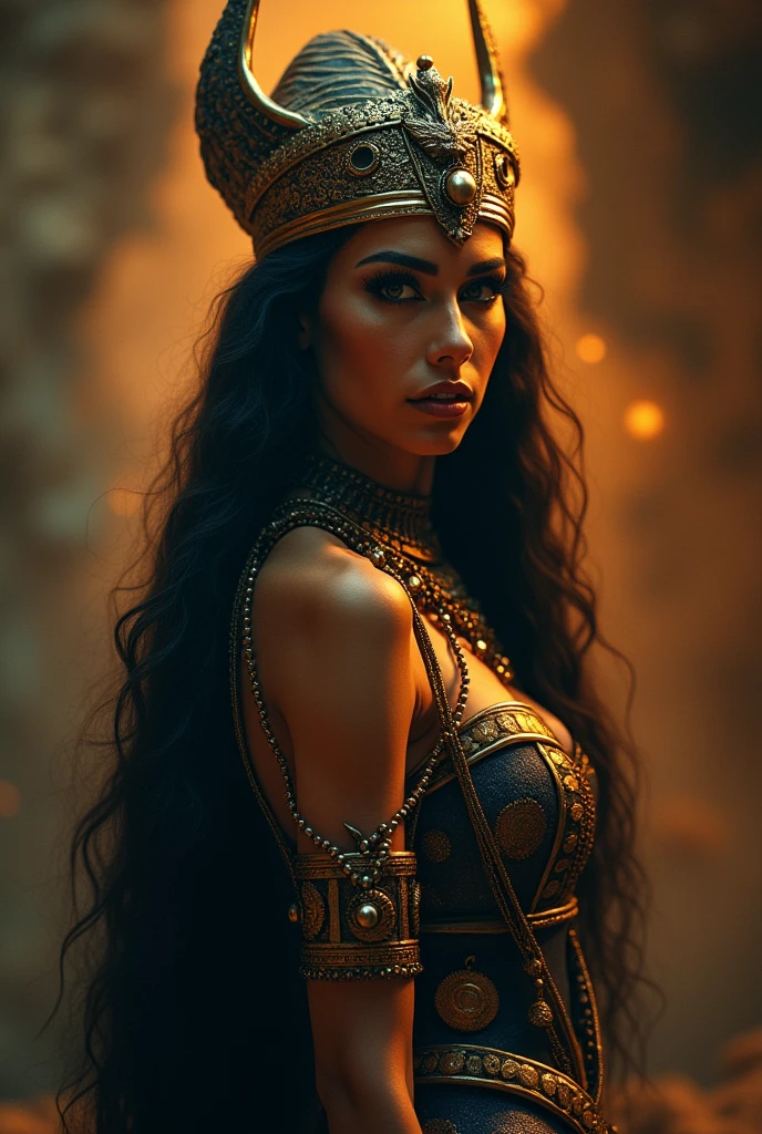 a beautiful egyptian sorceress,seductive pose,alluring gaze,long flowing hair,dramatic makeup,ornate headdress,elegant jewelry,mystical aura,cinematic lighting,deep saturated colors,3d render,photorealistic,highly detailed,intricate textures,dramatic shadows,warm glowing tones,(best quality,4k,8k,highres,masterpiece:1.2),ultra-detailed,(realistic,photorealistic,photo-realistic:1.37)
