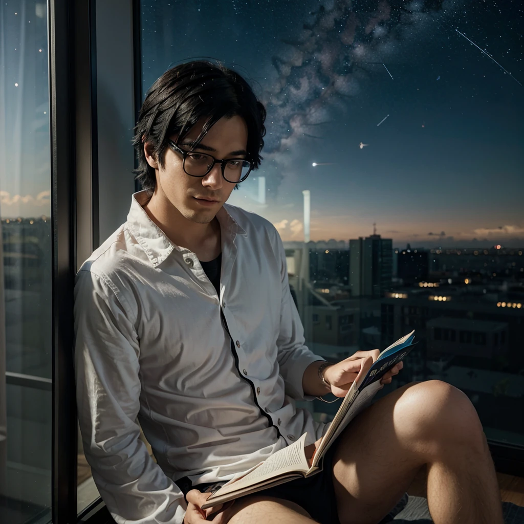 Anime guy with black hair, glasses, reading a book in a room near a window with stars in the sky.