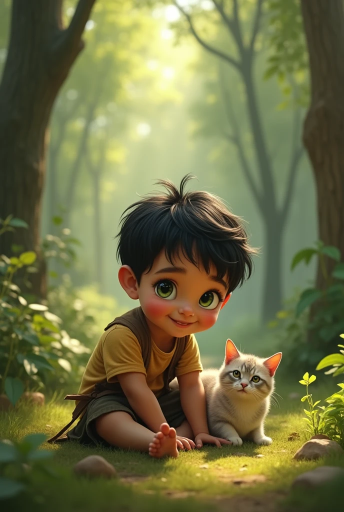 Small strong chubby tall child with short black wavy hair tanned skin bright green eyes in simple clothes serene appearance playing with a cat in the beautiful forest with wolves realistic