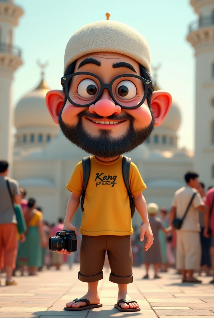 3d caricature, very big head with , photo of an Asian man wearing a muslim hat and thick glasses, reddish nose, chubby cheeks, thin beard, yellow t-shirt with "KANG PHOTO" letter, brown 3/4 trousers, flip flops, carrying a camera and backpack, masjid background, crowd