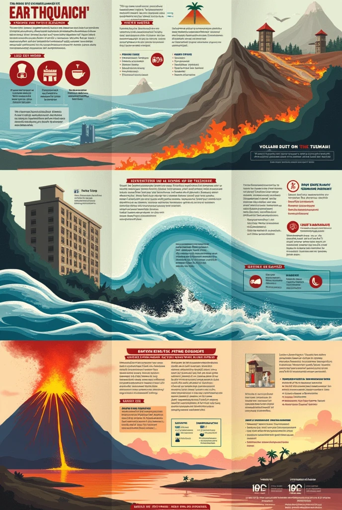 Bold, textured, illustrative tri-fold brochure featuring detailed information on EARTHQUAKE(BUILDING COLLAPSING), tsunami, and volcanic eruption preparedness. The brochure includes sections on what to do before, during, and after each disaster, using eye-catching visuals and clear, concise text.