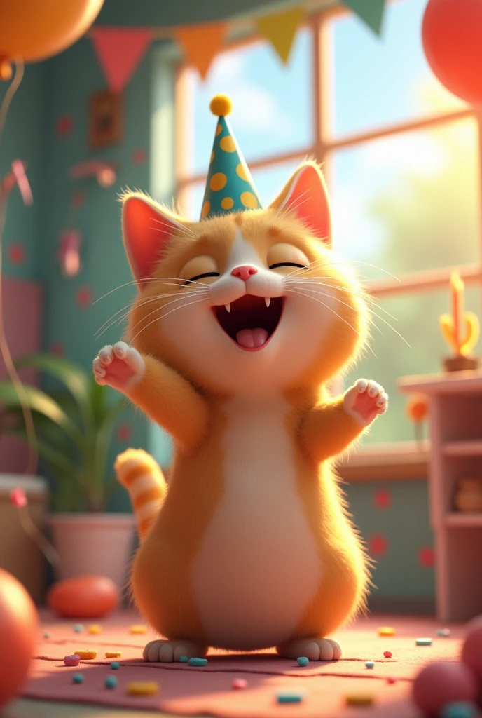 The cat celebrate its birthday alongly 3d ai animated