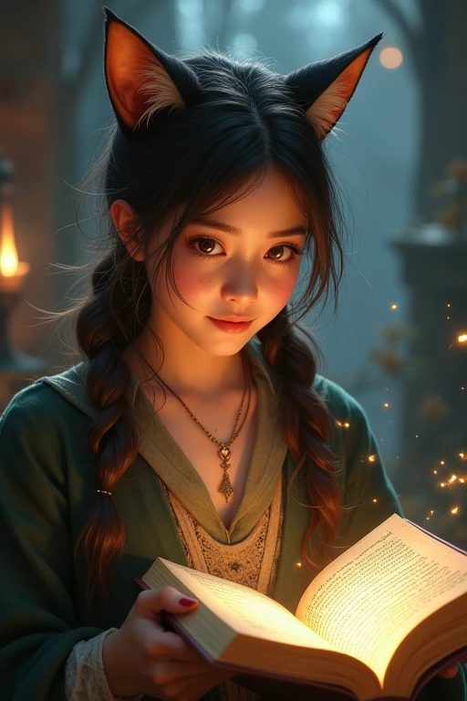 A beautiful girl with cat ears and an apprentice wizard book. Over 20 years old. She has a curious personality and a mischievous smile.