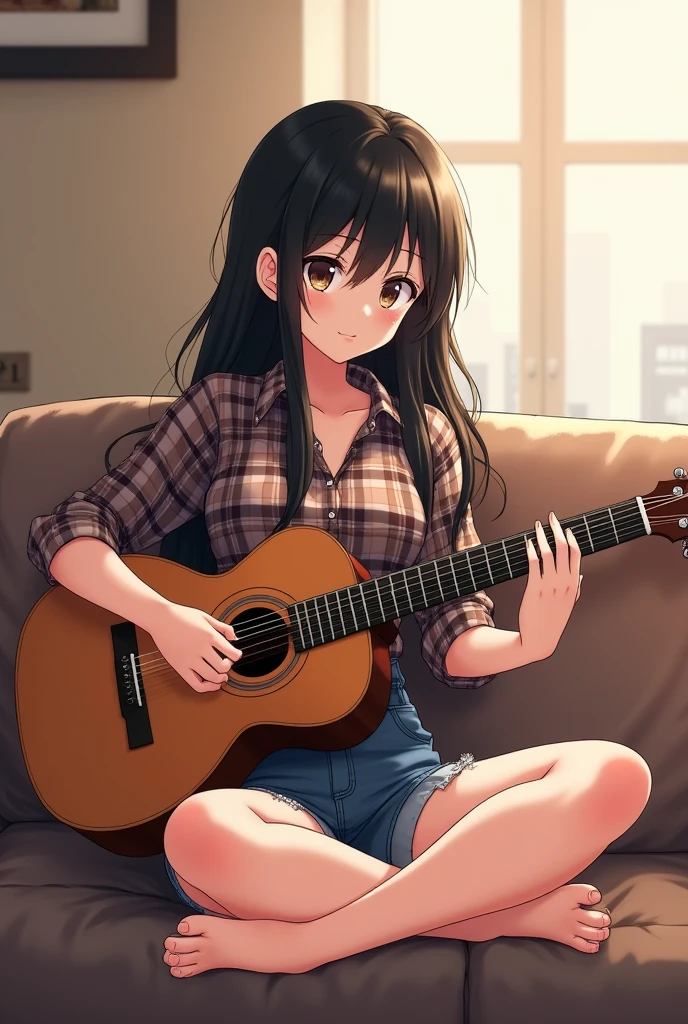 anime, Young girl with  and  black hair, long loose. In short jeans, plaid blouse, sitting on the couch playing the guitar
