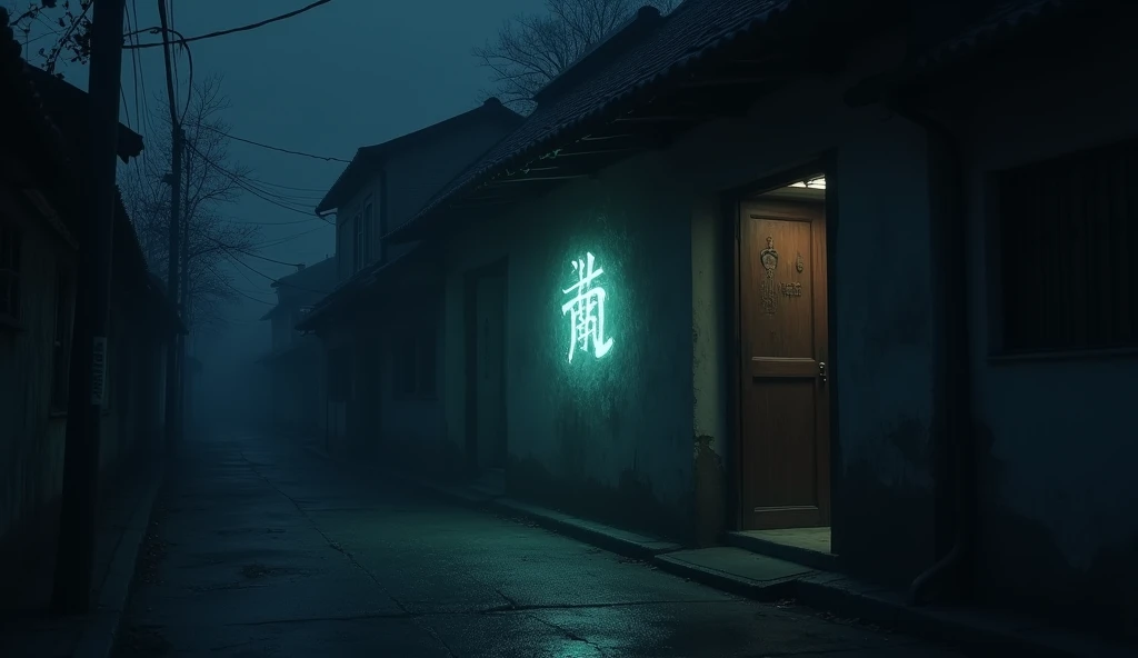 A darkened street at night, with only the word "नालबा" glowing faintly on a house wall, as if it has some magical power.