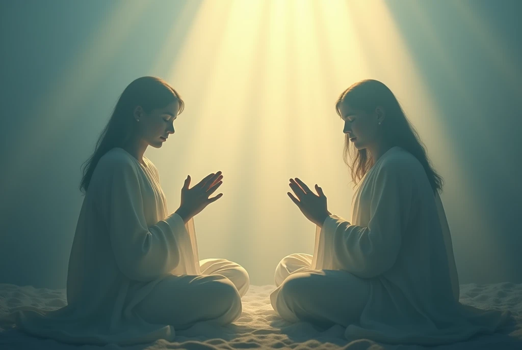 Create a thumbnail with a central image of people in prayer, with hands together and eyes closed. Include visual elements like sunbeams around the person and use a soft color palette like blue and gold.