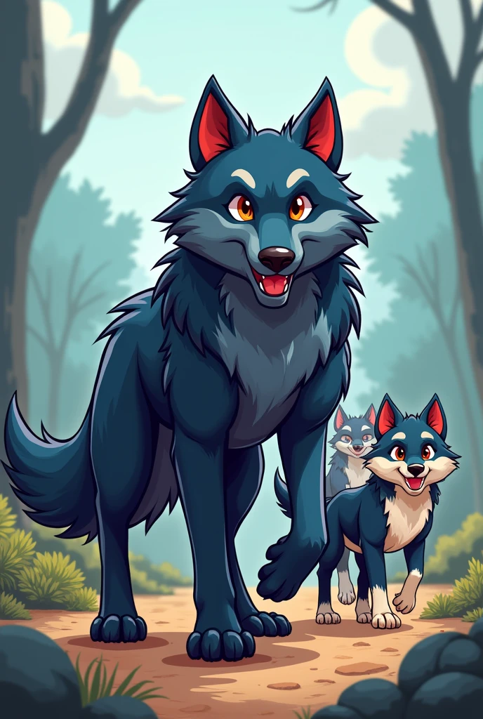 Create a pack with 1 wolf dog in the front with the dark blue and dark red color palettes, and 3 more wolves behind, much smaller than the alpha in front, cartoon style