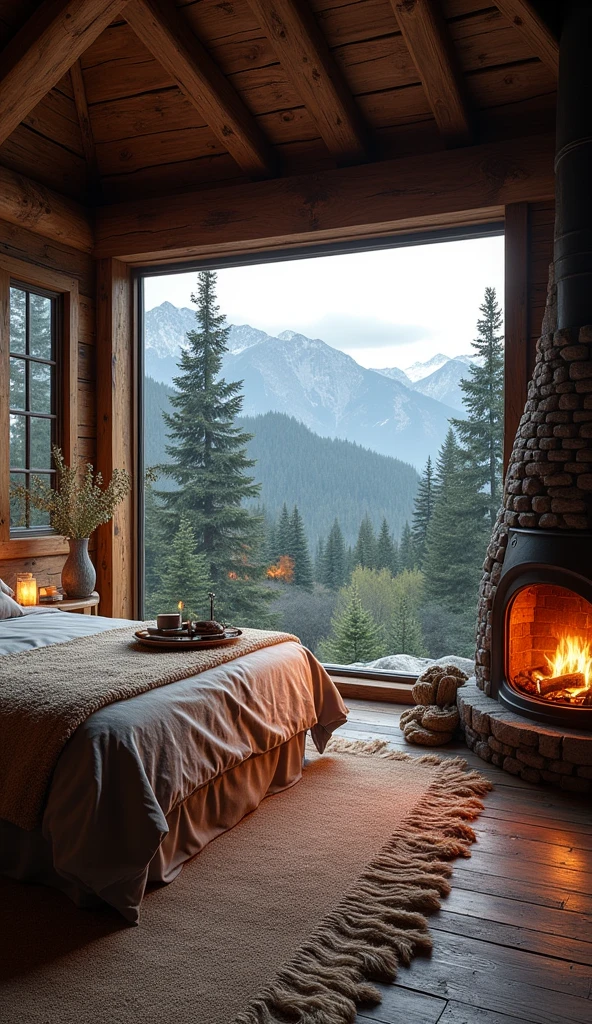 "A cozy bedroom in a rustic cabin nestled deep in the mountains. The room is adorned with wooden beams, a roaring fireplace, and large windows that open to a breathtaking view of rugged peaks and dense forests. The ambiance is rugged yet comforting, ideal for a life filled with outdoor adventures and exploration."