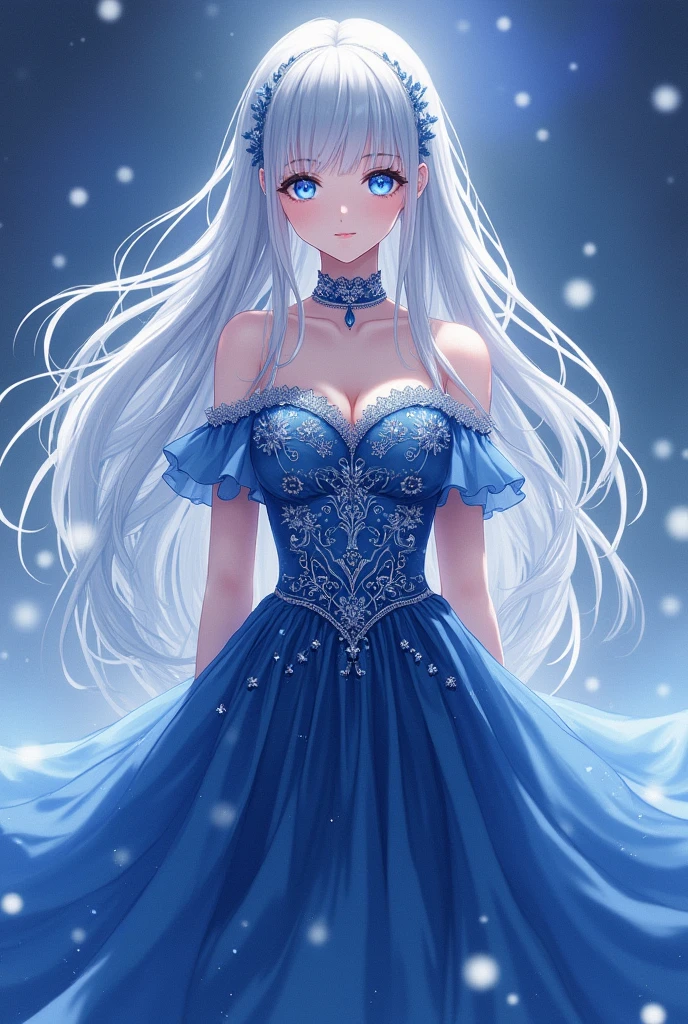 ANIME Long sliver hair women with bright blue eyes Adora’s dress, a gift from her grandfather, was a masterpiece of elegance and grace. Crafted from shimmering, midnight-blue silk, it flowed like liquid moonlight with every movement. The bodice was adorned with intricate embroidery, featuring delicate patterns of silver threads that caught the light and sparkled like stars. The skirt, cascading in layers of soft fabric, brushed the floor with a gentle swish, creating a fluid silhouette that seemed almost magical. The dress’s high neckline was framed with a subtle lace trim, adding a touch of timeless sophistication, while the delicate, off-the-shoulder sleeves fell gracefully, enhancing the dress’s ethereal quality. It was a garment that not only celebrated her beauty but also spoke of her grandfather’s deep affection and attention to detail.