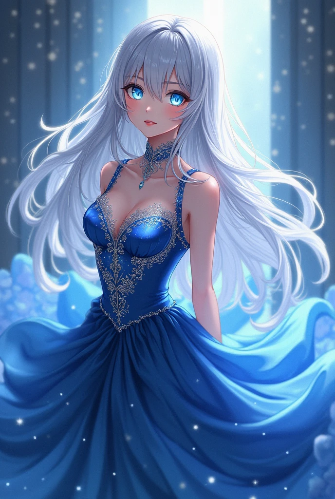 ANIME Long sliver hair women with bright blue eyes Adora’s dress, a gift from her grandfather, was a masterpiece of elegance and grace. Crafted from shimmering, midnight-blue silk, it flowed like liquid moonlight with every movement. The bodice was adorned with intricate embroidery, featuring delicate patterns of silver threads that caught the light and sparkled like stars. The skirt, cascading in layers of soft fabric, brushed the floor with a gentle swish, creating a fluid silhouette that seemed almost magical. The dress’s high neckline was framed with a subtle lace trim, adding a touch of timeless sophistication, while the delicate, off-the-shoulder sleeves fell gracefully, enhancing the dress’s ethereal quality. It was a garment that not only celebrated her beauty but also spoke of her grandfather’s deep affection and attention to detail.