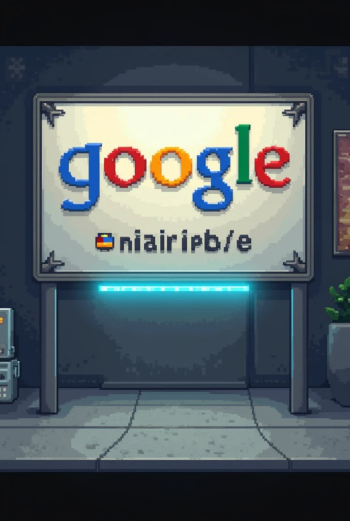 A pixel art sign with a rectangular or oval shape. The sign displays the text "google" and below "Mairiporã" in large, visible letters, with a pixelated style. The plate has a neutral or metallic background, and the text is highlighted with a glow or lighting effect. Below the plate, there is a pixel glow effect, simulating a halo of light that highlights the plate. THE BACKGROUND IS SIMPLE, with a solid color or discreet pattern, to keep the focus on the sign and text.
All done in pixels