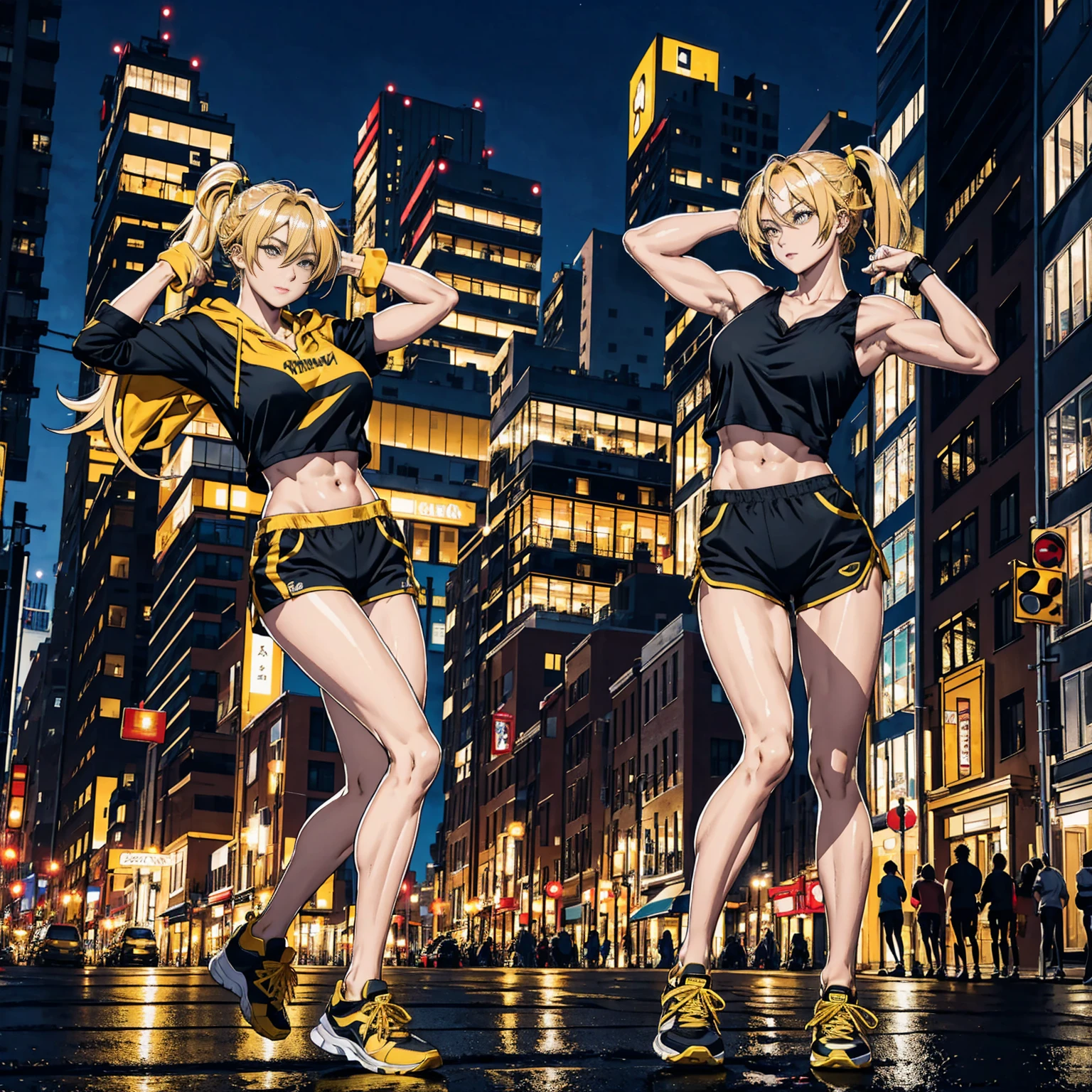 Only one person is depicted, City of night, Dancing wildly in the middle of the city, Black tank top, Wear a yellow hoodie, Yellow sneakers, Blonde, ponytail, Beautiful Face, Beautiful Skin, 5 fingers per hand, Perfect Anatomy:1.1, Perfect Proportions:1.1, Muscular Abs, slightly muscular arms, Slightly muscular legs, Larger breasts