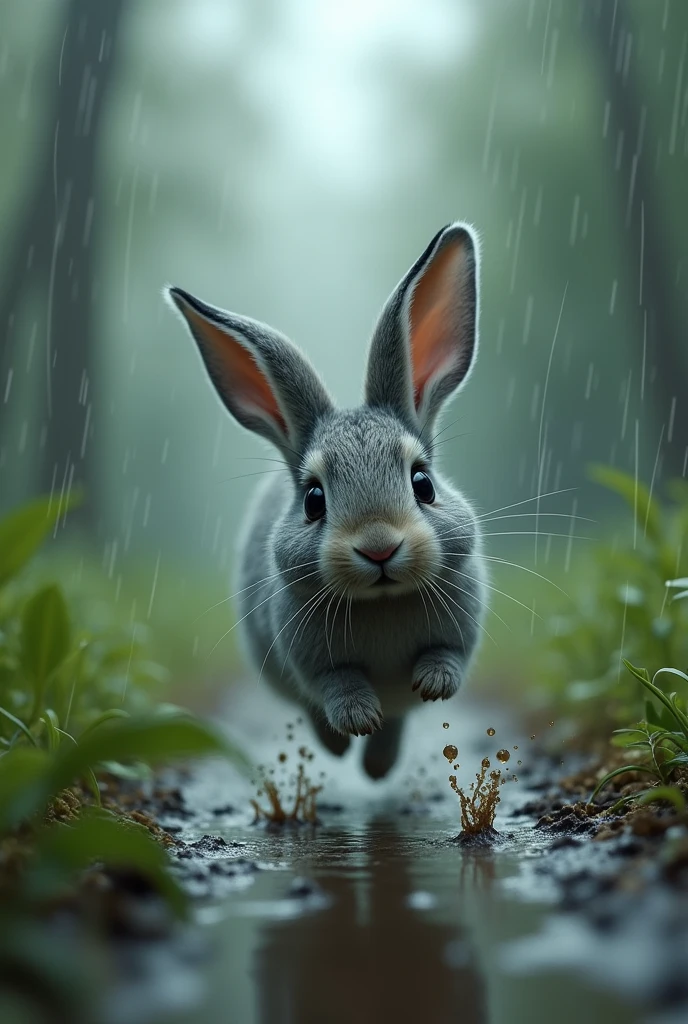 Rabbit running in rain