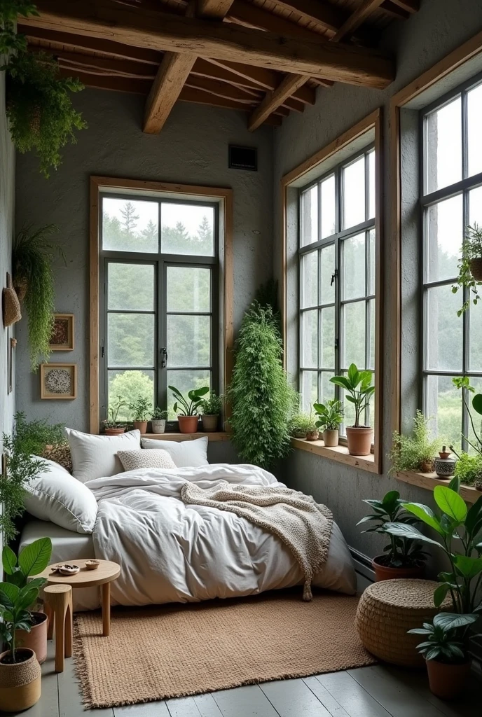 Make a old barn house bedroom with a gray theme lots of windows and plants