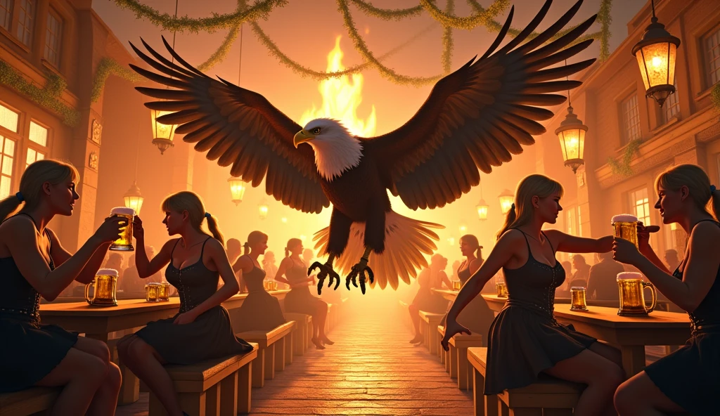 Eagle in fire drinking beer with german dancing bikergirls in german cafe in fire octoberfest