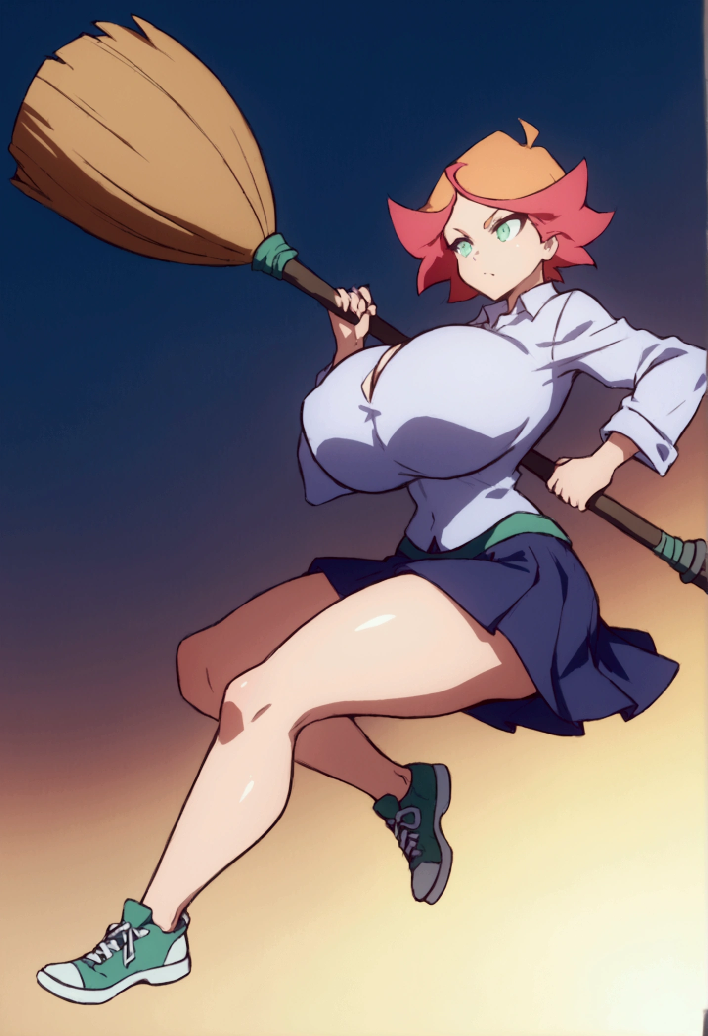 amanda, orange hair, green eyes, school uniform, luna nova school uniform, short hair, multicolored hair, sneakers,score_9, score_8_up, score_7_up,score_6_up, score_5_up, score_4_up, BREAK hah_dd, gigantic_breasts, curvy, wide_hips, thick_thighs,  1girl,  dim_lighting, backlighting, dancing with a flying broom,broom riding, broomriding, 