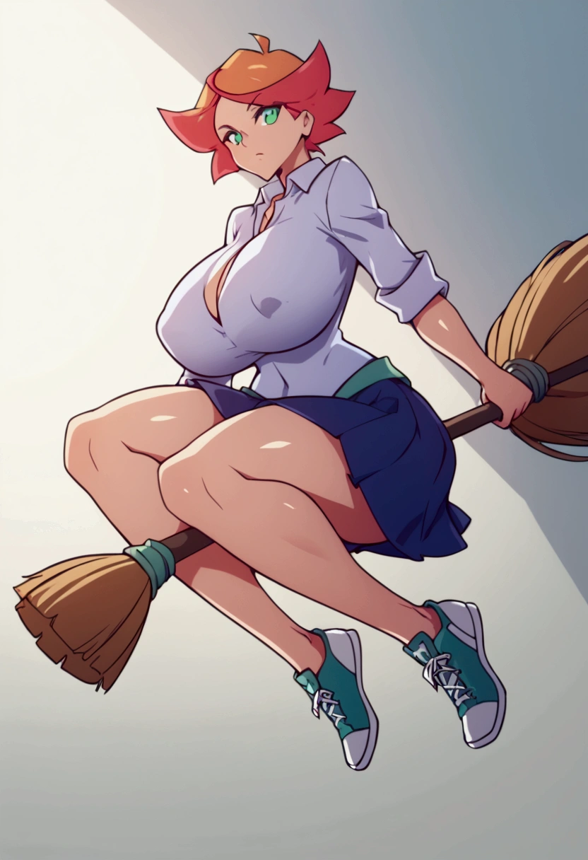 amanda, orange hair, green eyes, school uniform, luna nova school uniform, short hair, multicolored hair, sneakers,score_9, score_8_up, score_7_up,score_6_up, score_5_up, score_4_up, BREAK hah_dd, gigantic_breasts, curvy, wide_hips, thick_thighs, 1girl, dim_lighting, backlighting, dancing with a flying broom,broom riding, broomriding,