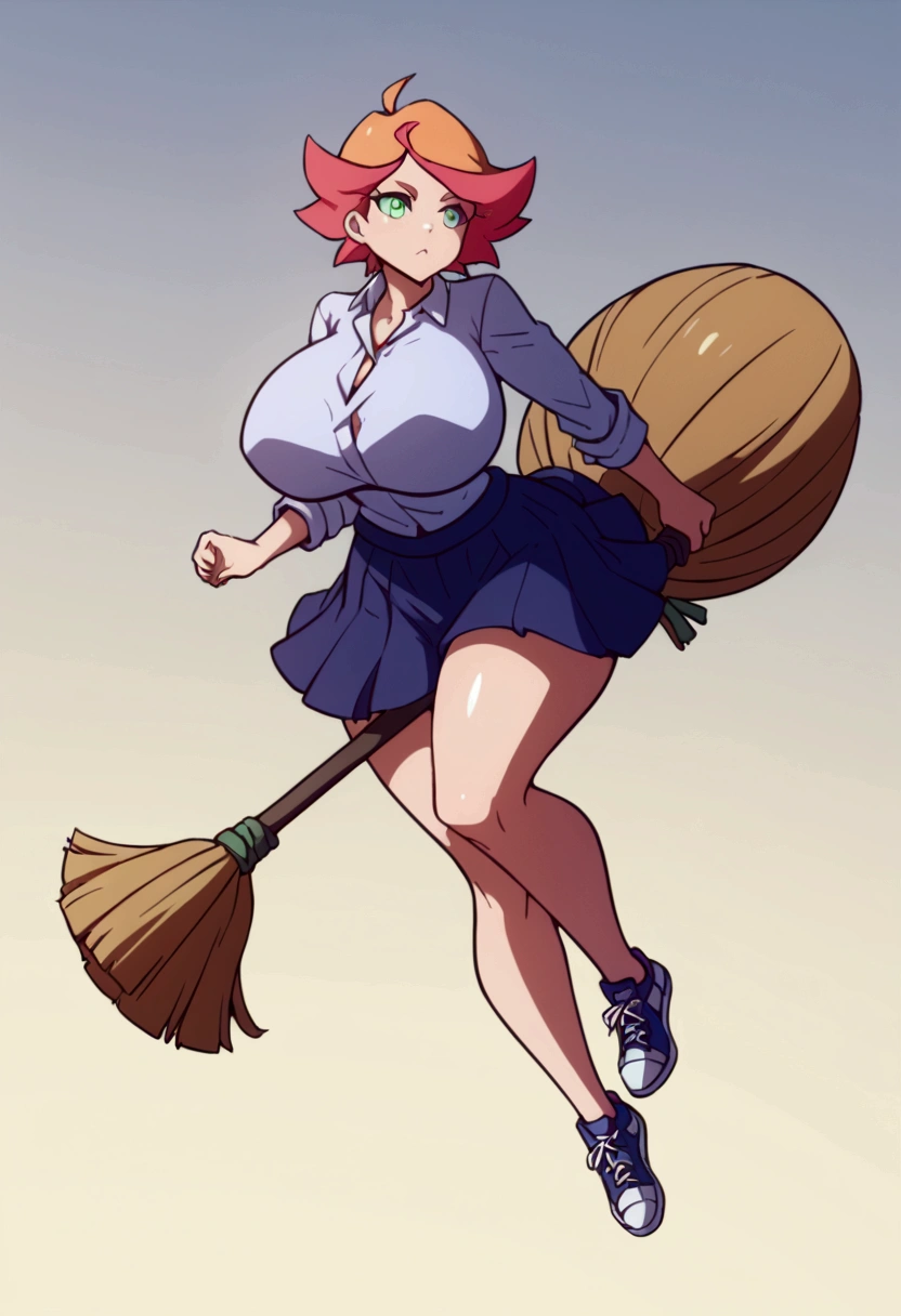 amanda, orange hair, green eyes, school uniform, luna nova school uniform, short hair, multicolored hair, sneakers,score_9, score_8_up, score_7_up,score_6_up, score_5_up, score_4_up, BREAK hah_dd, gigantic_breasts, curvy, wide_hips, thick_thighs,  1girl,  dim_lighting, backlighting, dancing with a flying broom,broom riding, broomriding, 