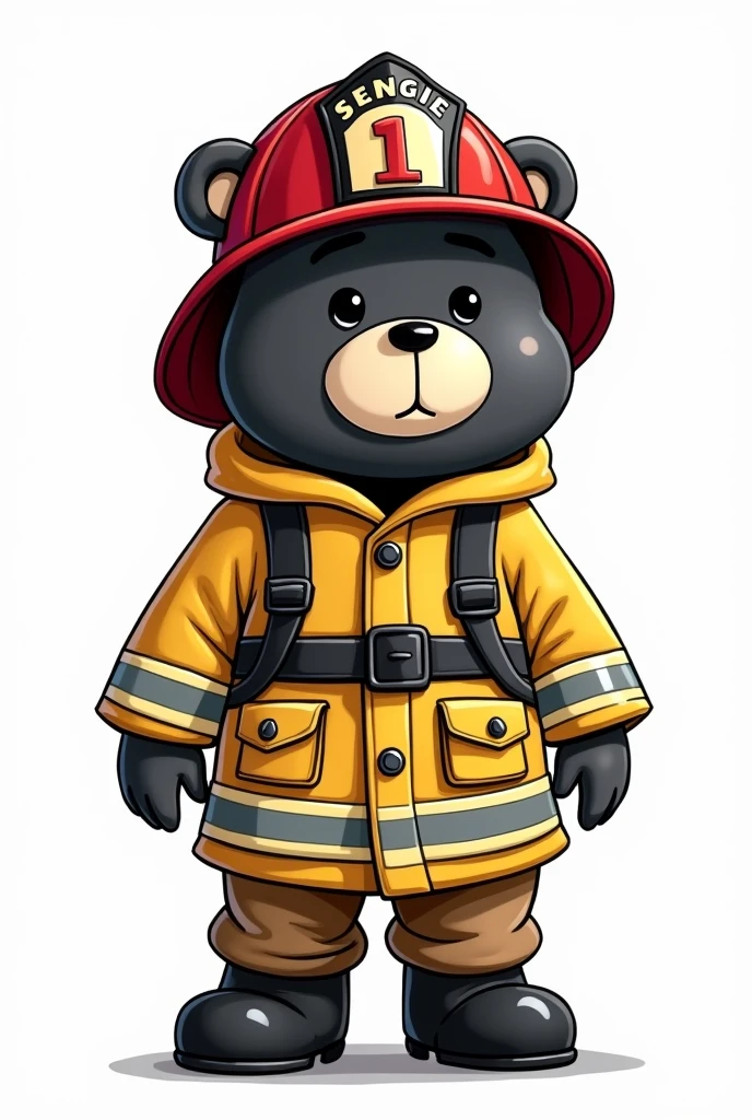 Black and white cartoon bear dressed as a fireman 