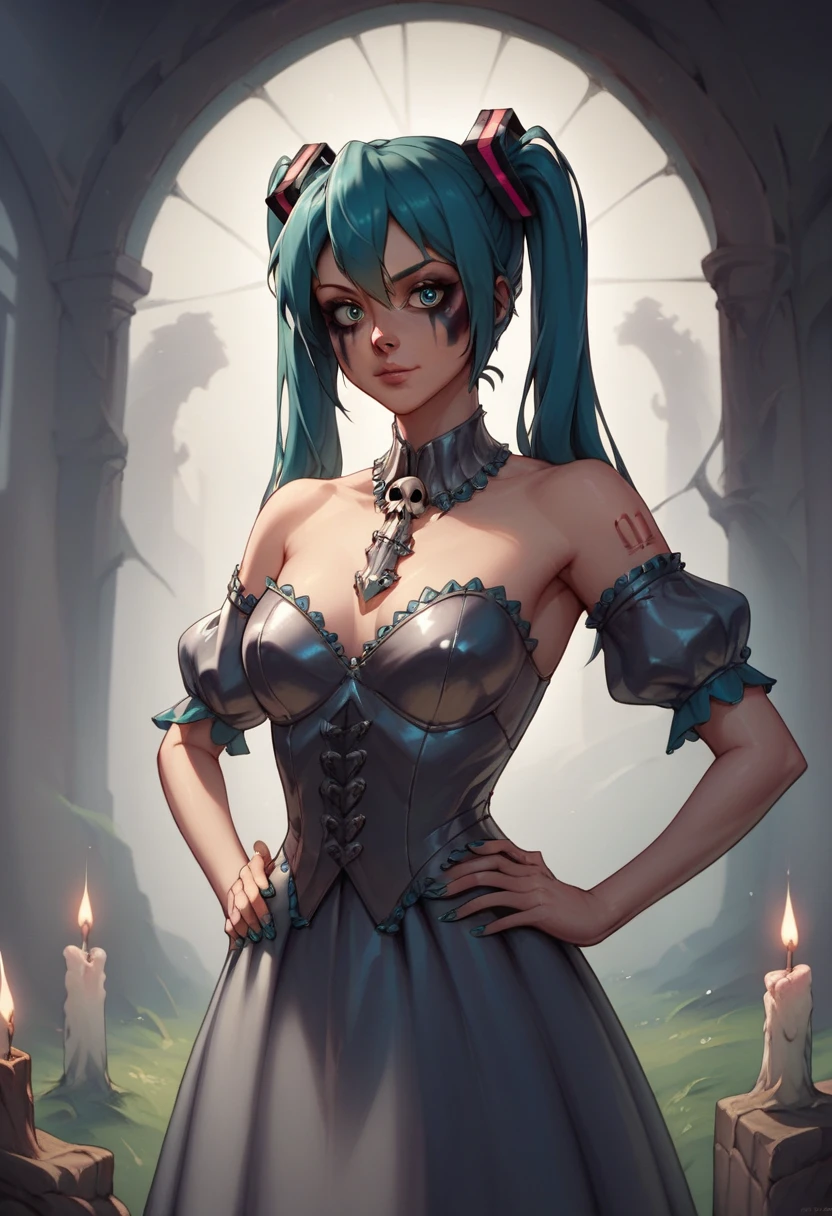 masterpiece, Hatsune_Miku, 1girl, solo, katr1na face paint, half body, hands on hips, graveyard, night, marygold and candles in tombs, victorian dress, skull face makeup