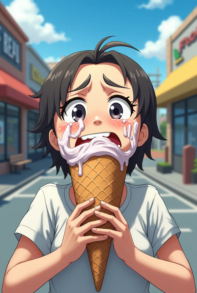  A person eating an ice cream cone at where there are two shops on one side and parking  on other side that is too big for their mouth and getting it all over their face, looking like they're about to cry from the pain.