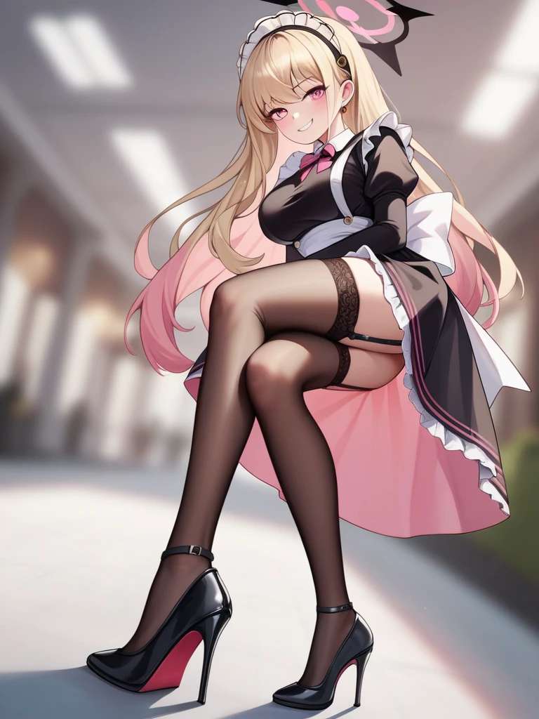 \(blue archive style\), light pink eyes, light blonde hair, one pink streak on hair, long hair, wispy bangs, maid outfit, sultry eyes, smirk, lithe frame, busty, heels, black sheer stockings, garters, standing up, study, historical, blurred background, good quality, pov, close-up