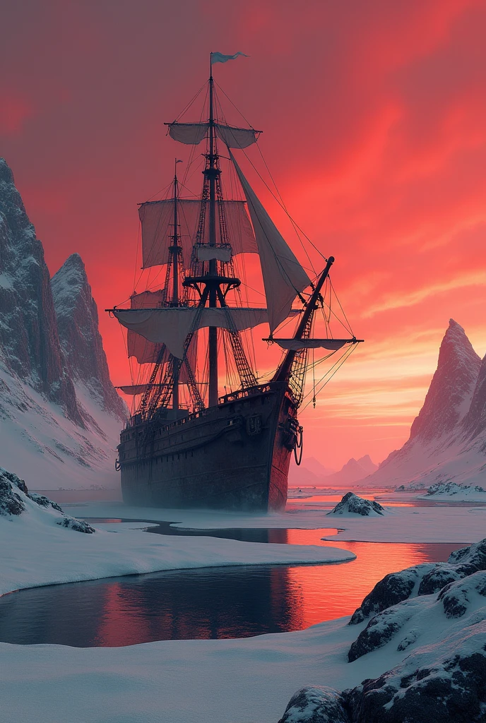 Old ship in Antarctica realistic peak with red sky